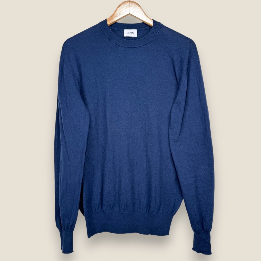 Elk Head Silk Cotton Crew Neck Sweater Pullover Men Medium Navy Blue Lightweight